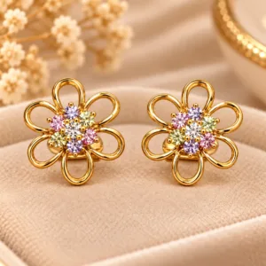 Elegant 18K Gold Plated Zirconia Floral Earrings with multicolour stones