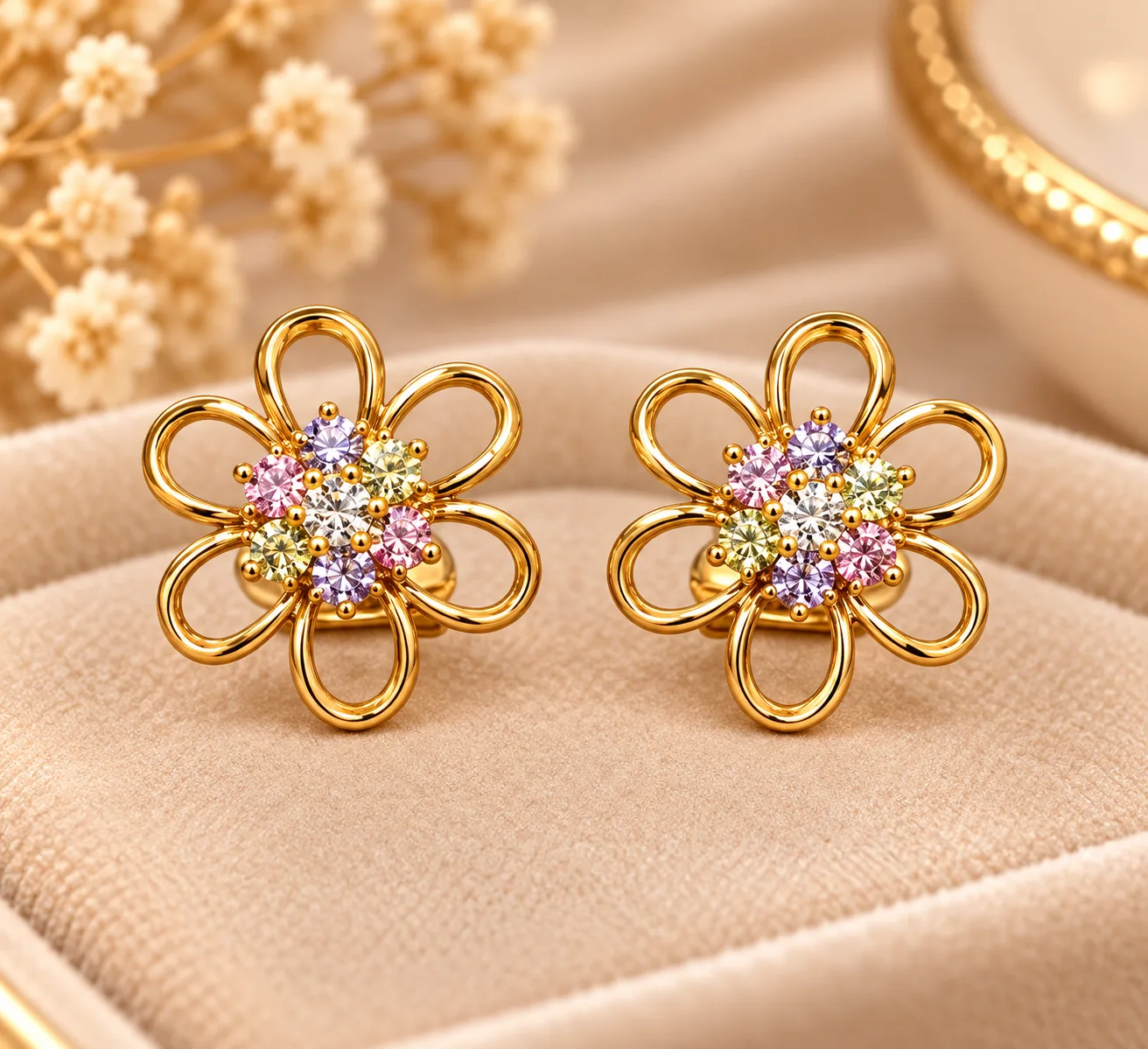 Elegant 18K Gold Plated Zirconia Floral Earrings (4) Elegant 18K Gold Plated Zirconia Floral Earrings with multicolour stones