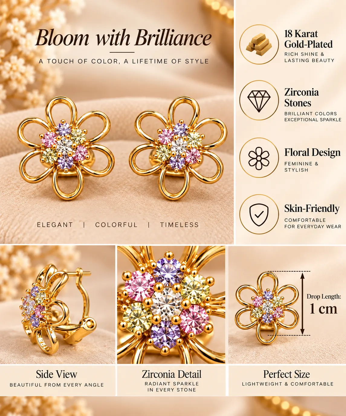 Elegant 18K Gold Plated Zirconia Floral Earrings (5)