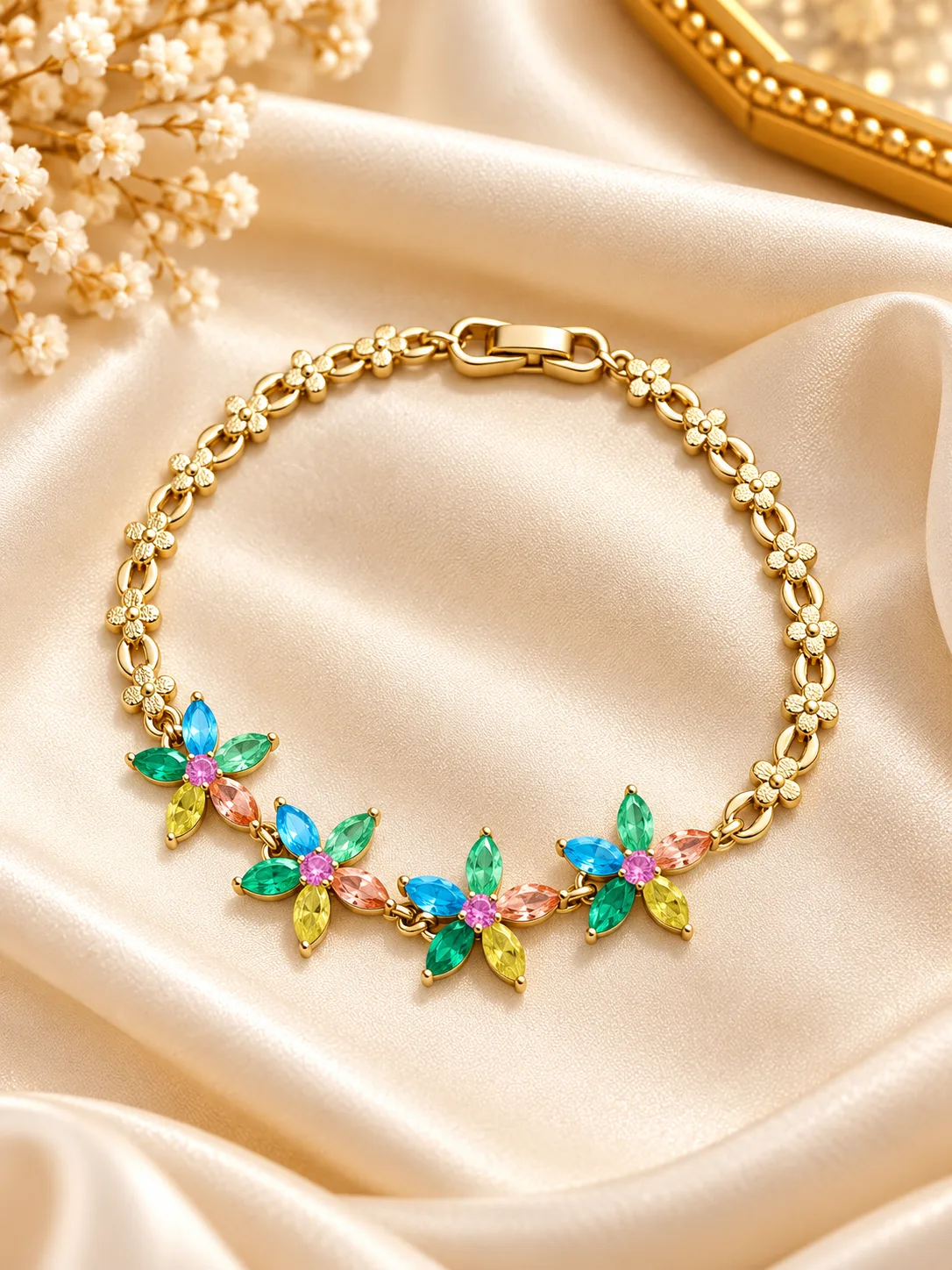 Elegant 18K Gold Plated Zirconia Flower Bracelet (1) Elegant 18K Gold Plated Zirconia Bracelet with colorful flower motifs