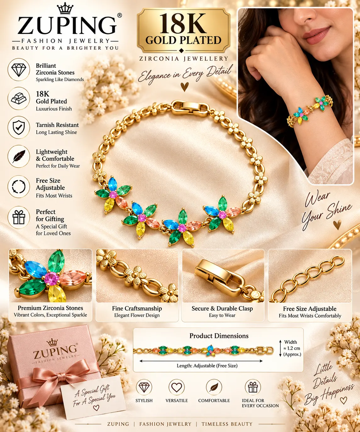 Elegant 18K Gold Plated Zirconia Flower Bracelet (3)