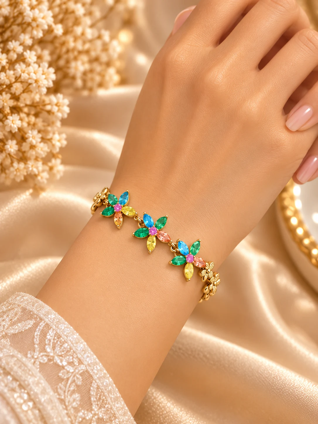 Elegant 18K Gold Plated Zirconia Flower Bracelet (6)