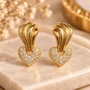 Elegant 18K Gold Plated Zirconia Heart Earrings with sculpted curved design and sparkling heart detail