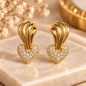 Elegant 18K Gold Plated Zirconia Heart Earrings with sculpted curved design and sparkling heart detail