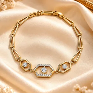 18K Gold Plated Zirconia Bracelet with geometric hexagon links and clear zirconia stones