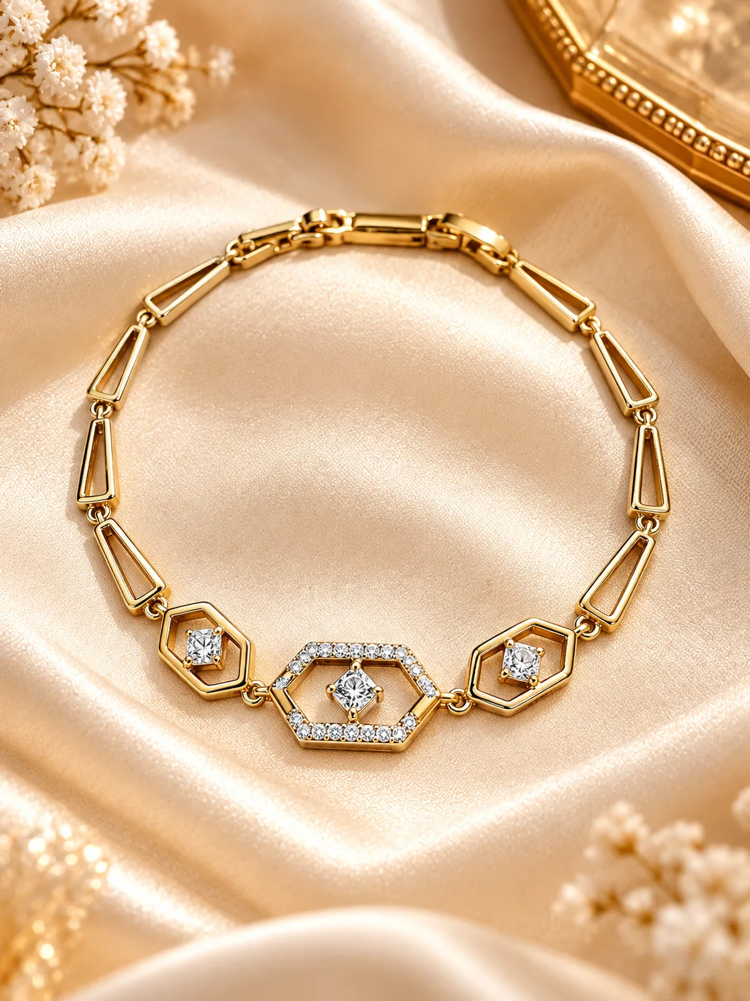 Elegant 18K Gold Plated Zirconia Hexagon Bracelet (1) 18K Gold Plated Zirconia Bracelet with geometric hexagon links and clear zirconia stones