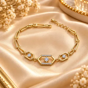 18K Gold Plated Zirconia Bracelet with geometric hexagon links and clear zirconia stones