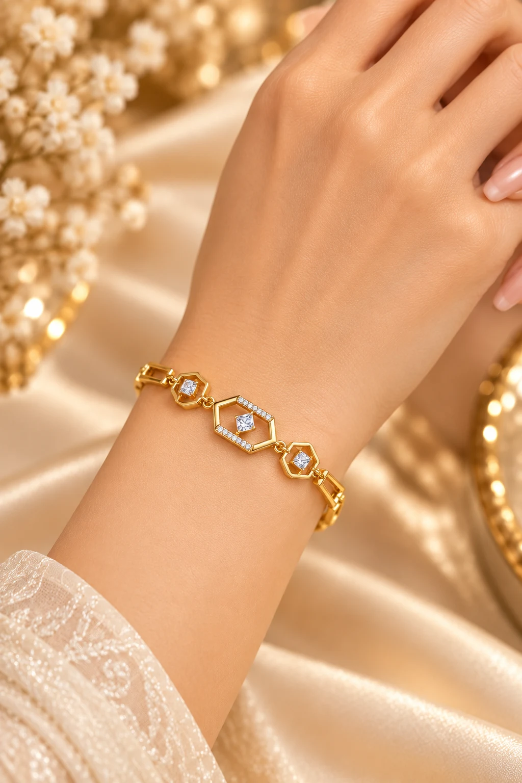 Elegant 18K Gold Plated Zirconia Hexagon Bracelet (3)