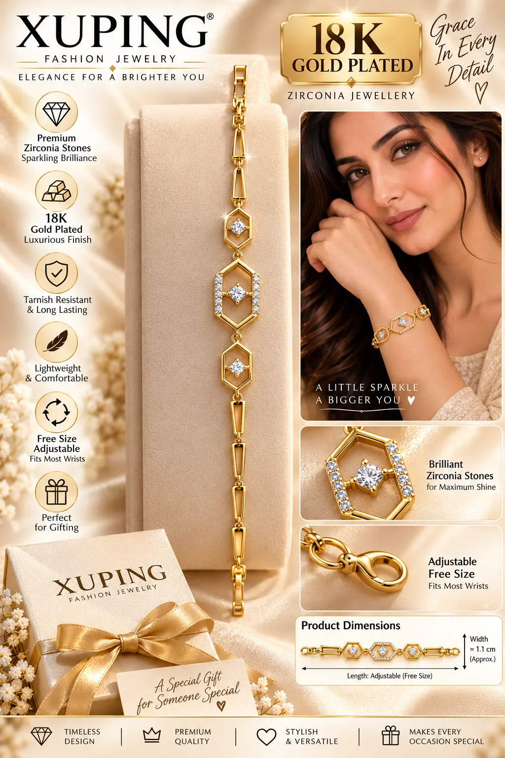 Elegant 18K Gold Plated Zirconia Hexagon Bracelet (4)