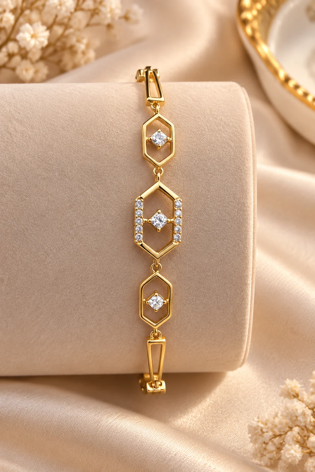 Elegant 18K Gold Plated Zirconia Hexagon Bracelet (5)