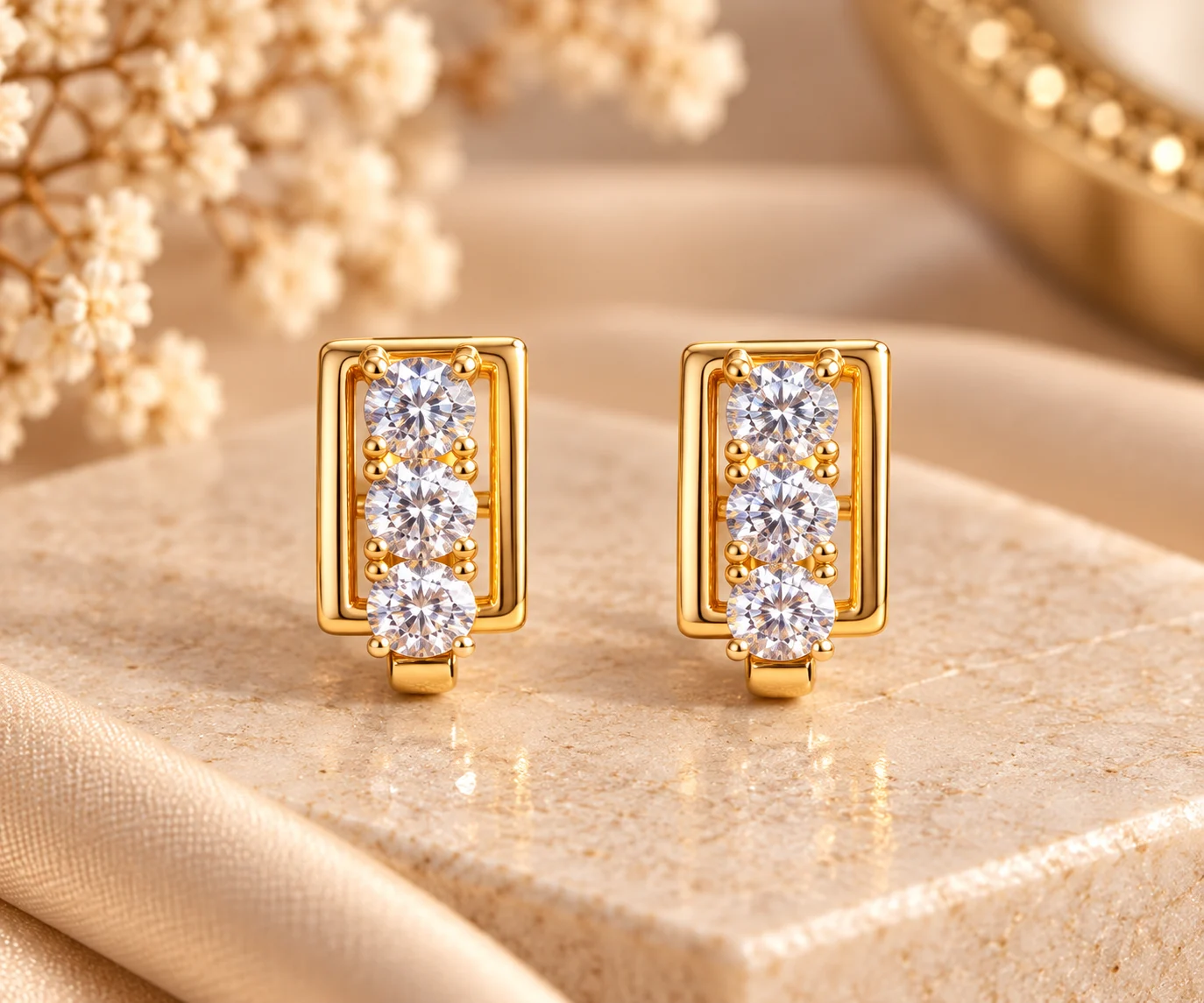 Elegant 18K Gold Plated Zirconia Rectangular Huggie Earrings (3) Elegant 18K Gold Plated Zirconia Huggie Earrings with three round stones in a rectangular setting