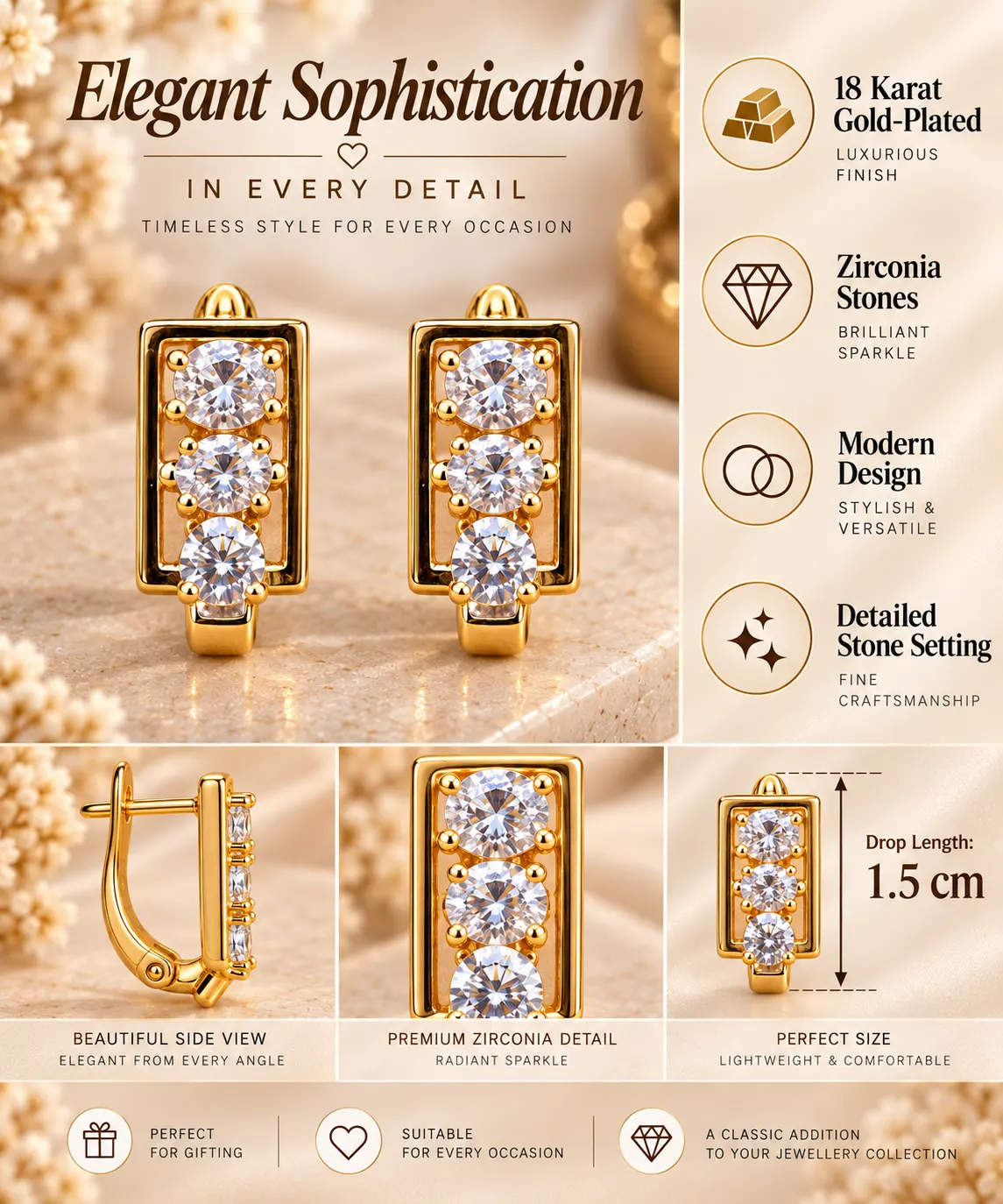 Elegant 18K Gold Plated Zirconia Rectangular Huggie Earrings (4)