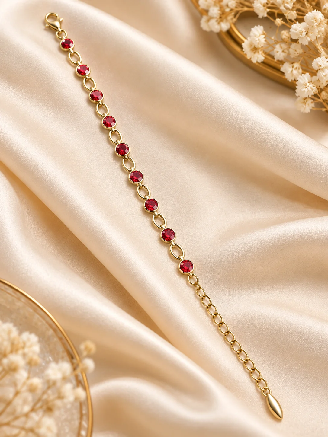 Elegant 18K Gold Plated Zirconia Red Stone Bracelet (1) Elegant 18K Gold Plated Zirconia Bracelet with red stones and link design