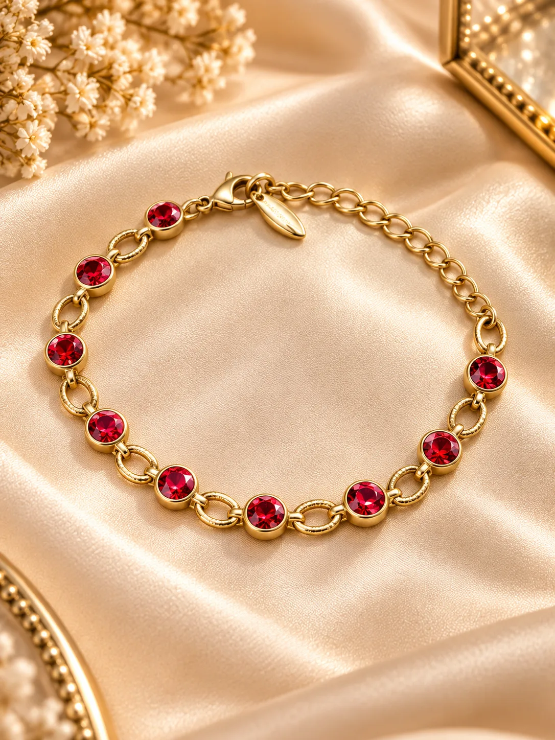 Elegant 18K Gold Plated Zirconia Red Stone Bracelet (2) Elegant 18K Gold Plated Zirconia Bracelet with red stones and link design