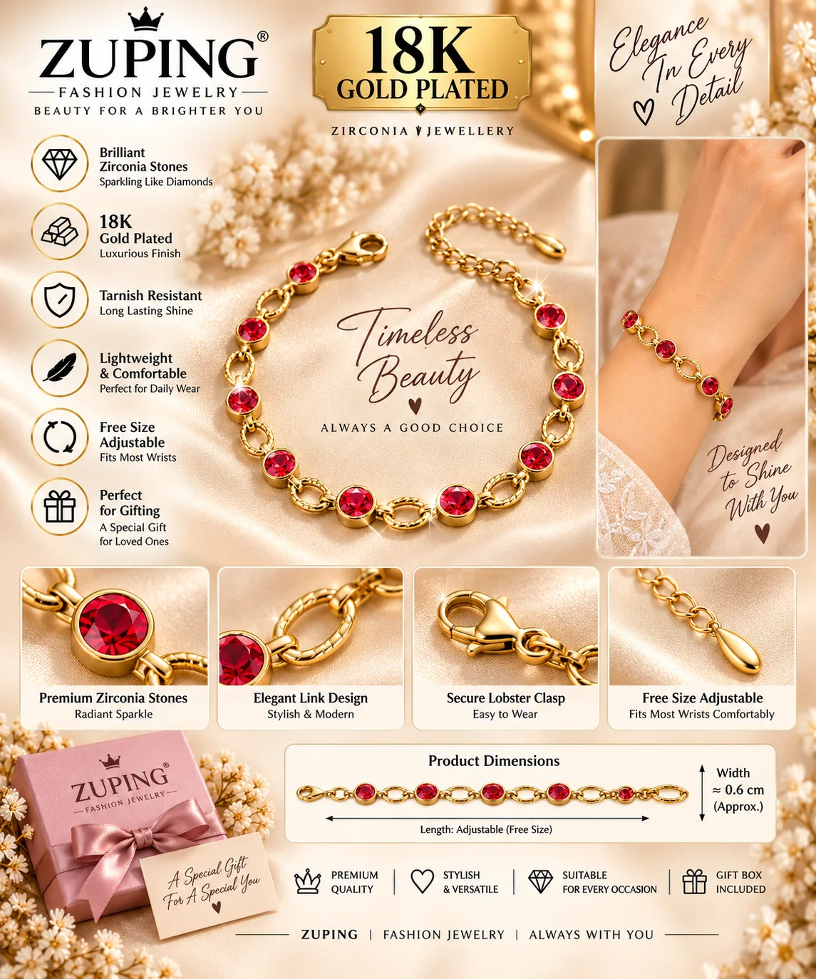 Elegant 18K Gold Plated Zirconia Red Stone Bracelet (5)