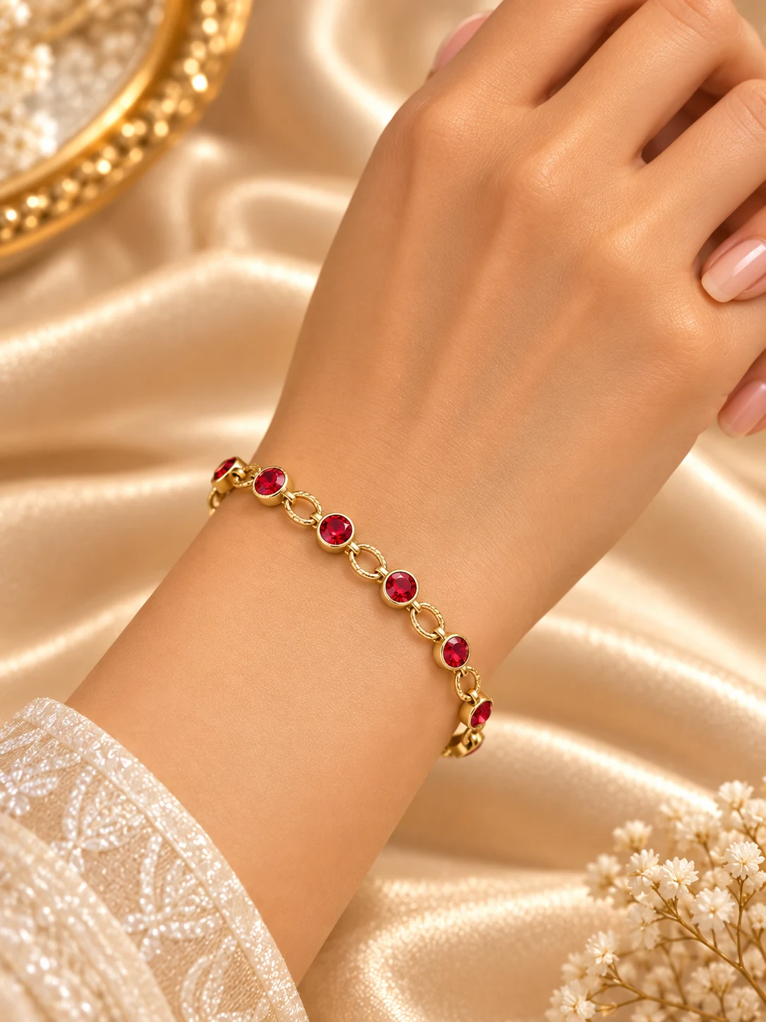 Elegant 18K Gold Plated Zirconia Red Stone Bracelet (6)