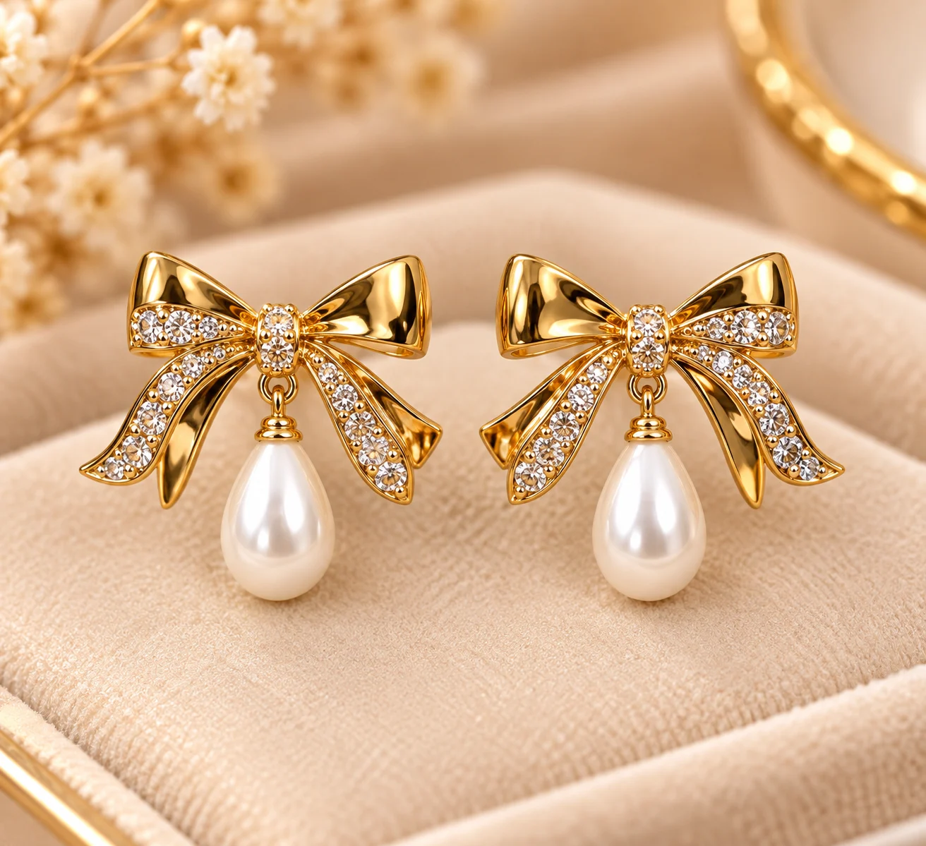Elegant Bow 18K Gold Plated Zirconia Pearl Earrings (1) Elegant 18K Gold Plated Zirconia Pearl Earrings with bow design and white pearl drop