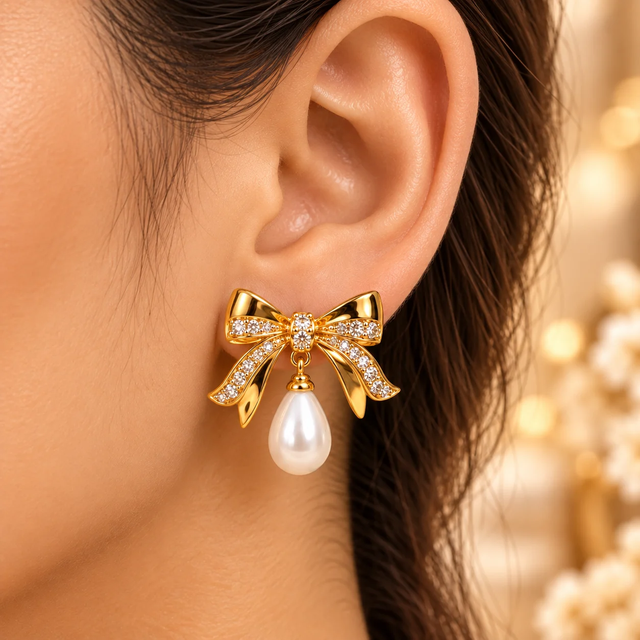 Elegant Bow 18K Gold Plated Zirconia Pearl Earrings (4)