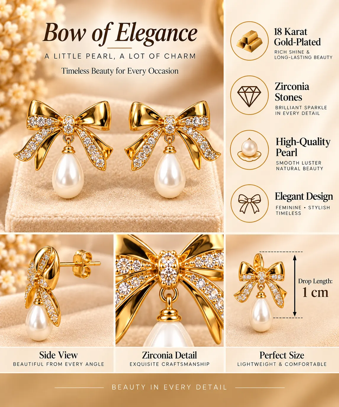 Elegant Bow 18K Gold Plated Zirconia Pearl Earrings (5)