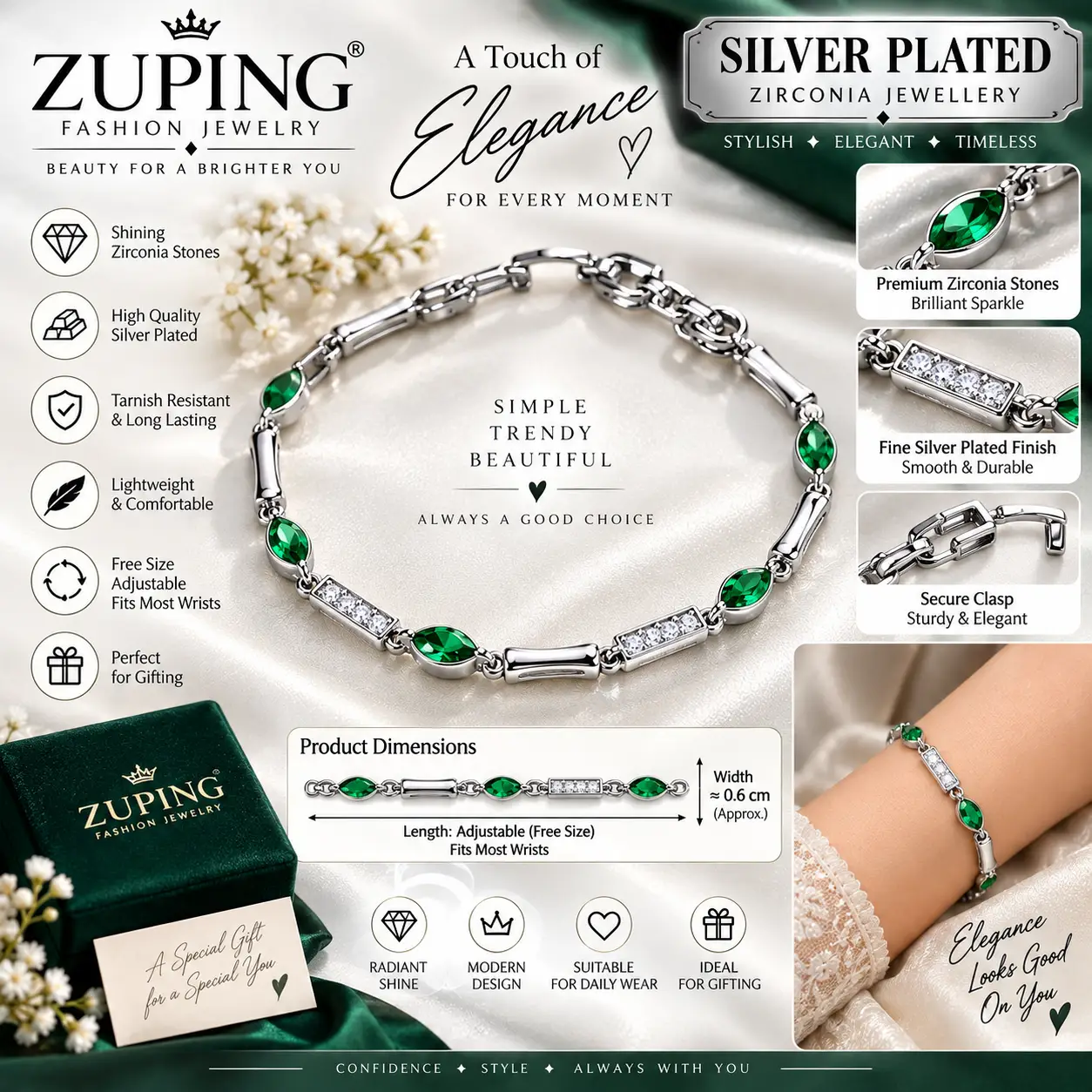 Elegant Green Zirconia Silver Plated Link Bracelet (4)