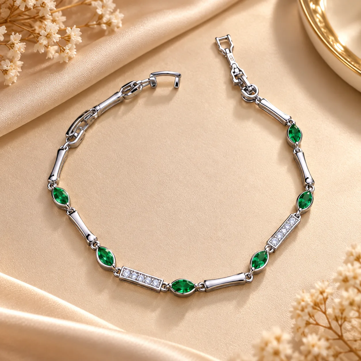 Elegant Green Zirconia Silver Plated Link Bracelet (6) Silver Plated green zirconia bracelet with clear zirconia link details