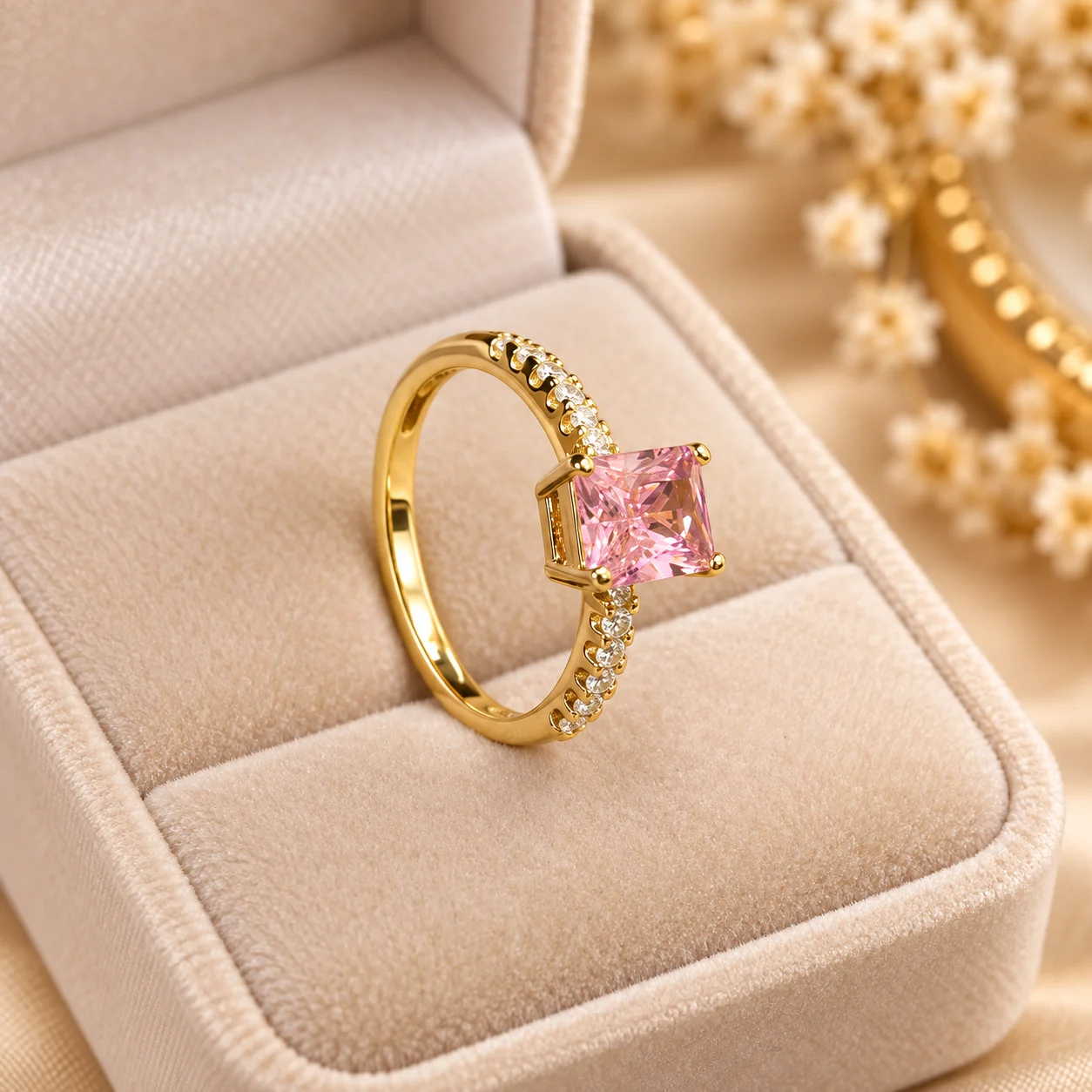 Elegant Pink Stone Gold Tone Ring (3) Pink stone gold tone ring with rectangular center stone and sparkling side stones