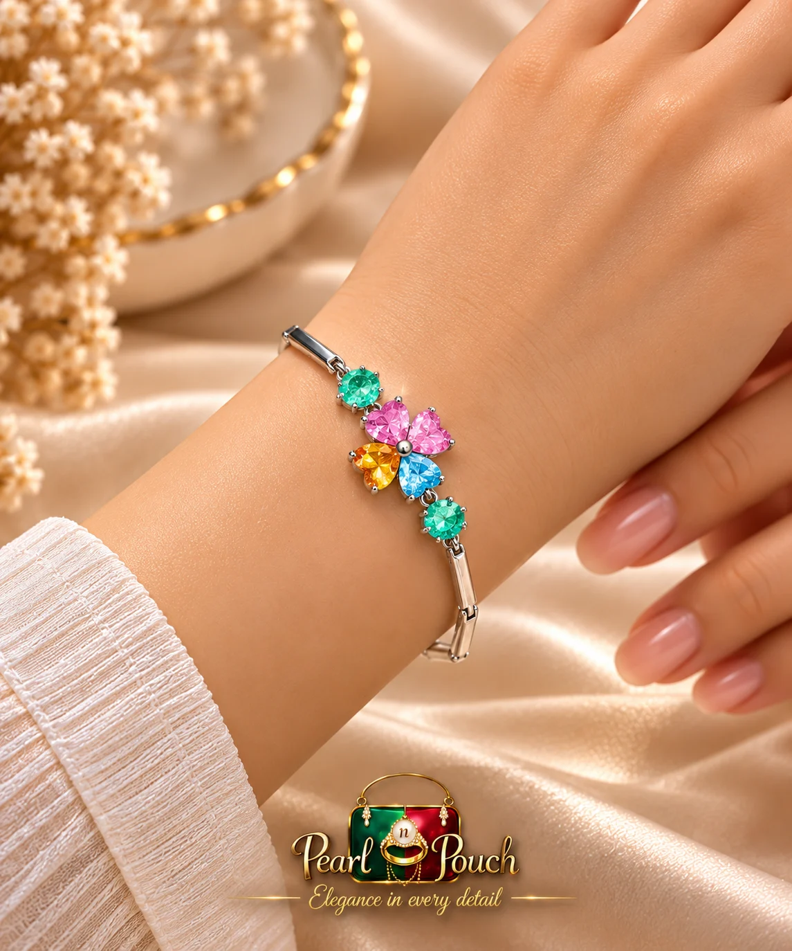 Elegant Silver-Plated Multicolor Zirconia Flower Bracelet (2)