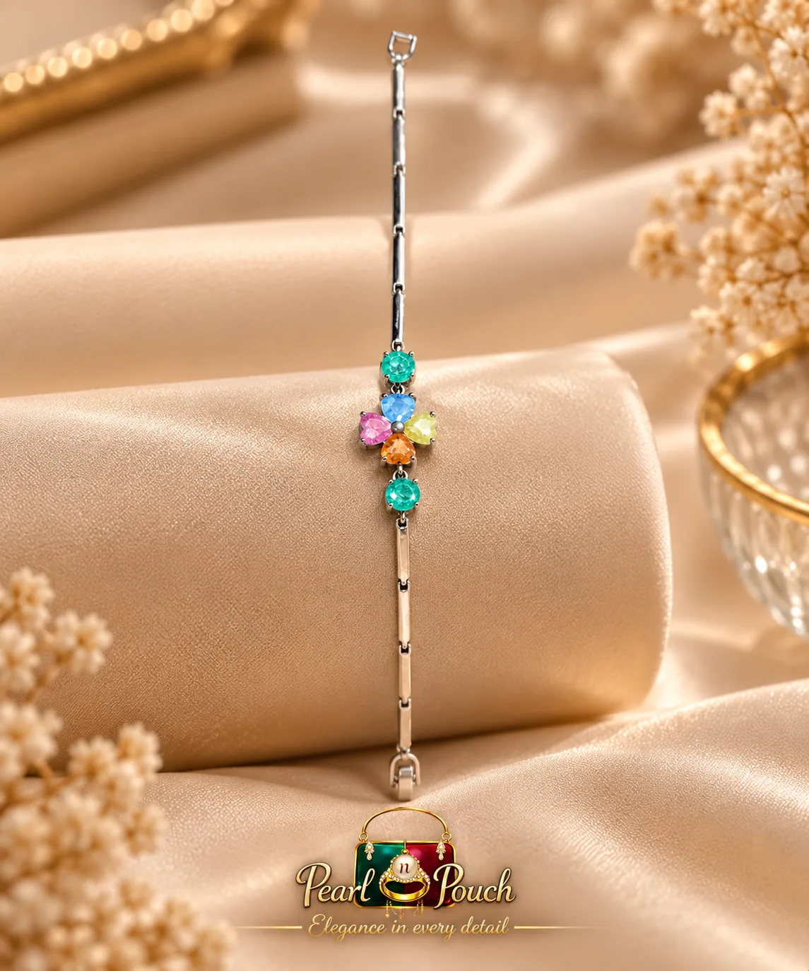 Elegant Silver-Plated Multicolor Zirconia Flower Bracelet (3)