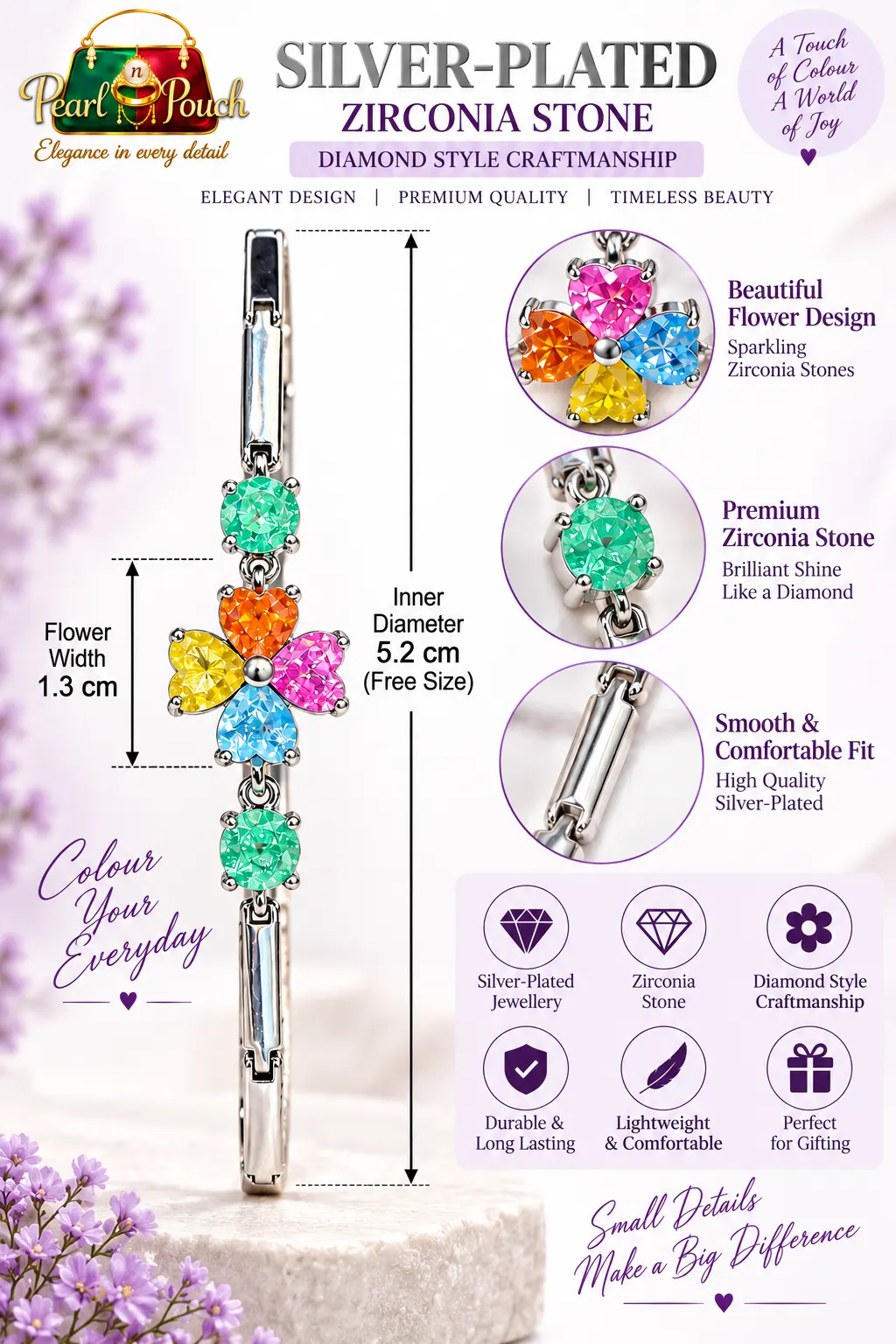 Elegant Silver-Plated Multicolor Zirconia Flower Bracelet (6)