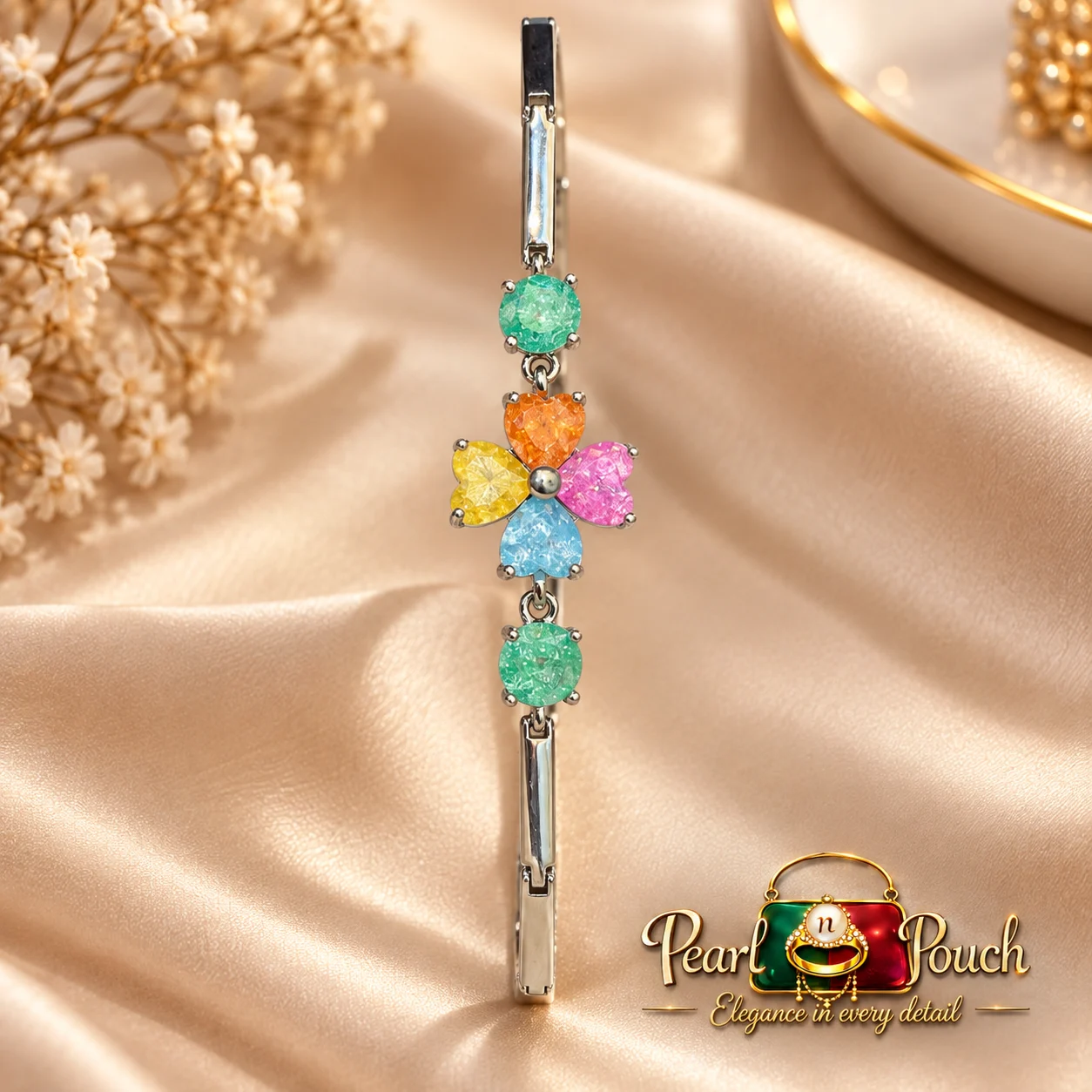 Elegant Silver-Plated Multicolor Zirconia Flower Bracelet (7) Elegant Silver-Plated Multicolor Zirconia Bracelet with colorful flower design