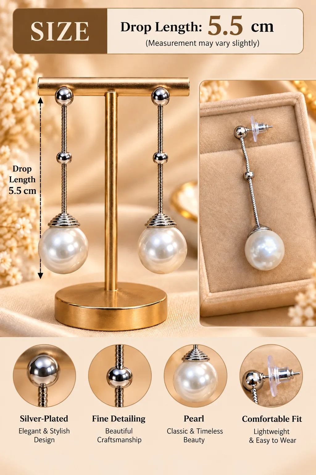 Elegant Silver Plated Pearl Drop Earrings (3)