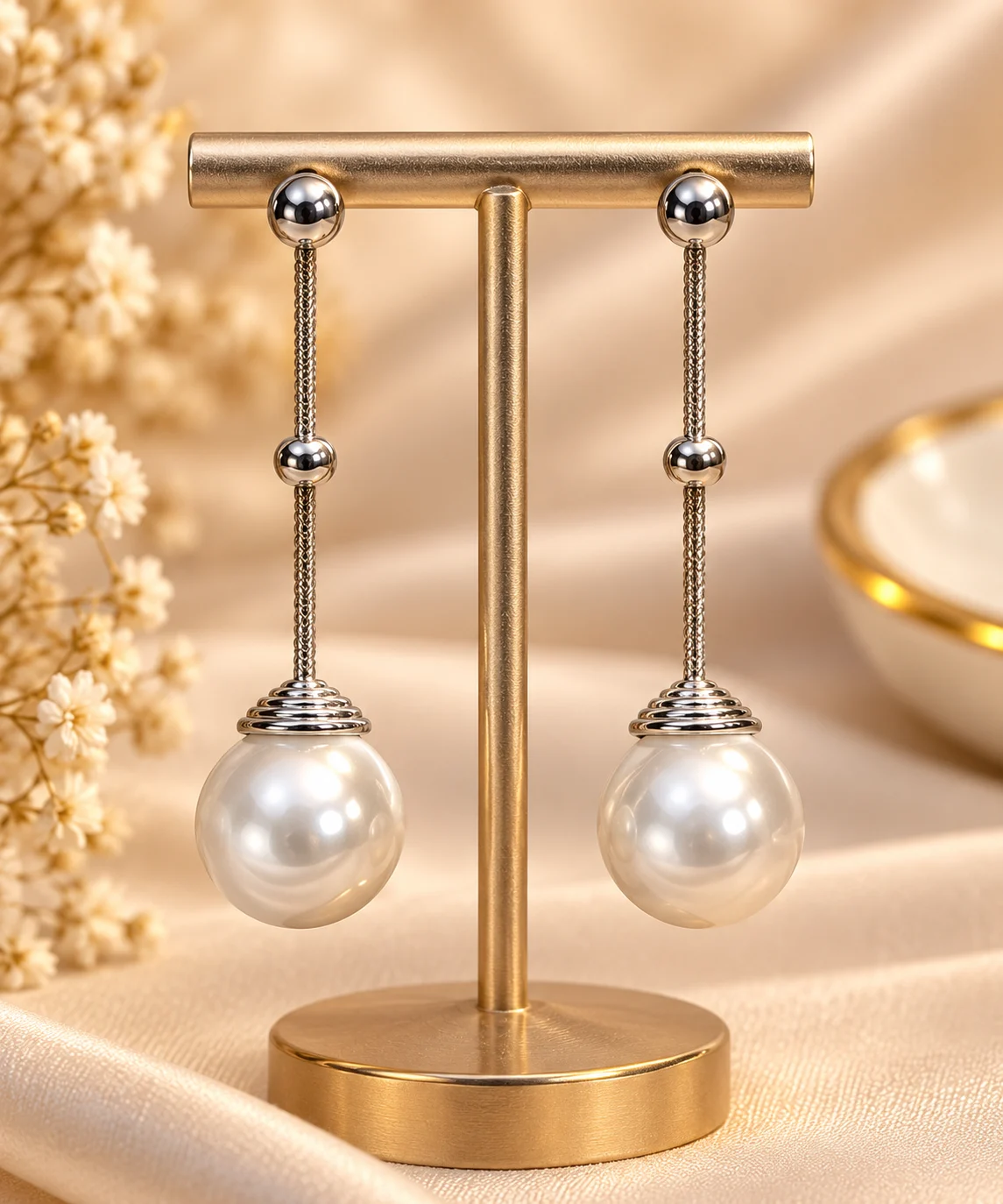 Elegant Silver Plated Pearl Drop Earrings (5) Elegant Silver Plated Pearl Drop Earrings for Women with 5.5 cm long drop design