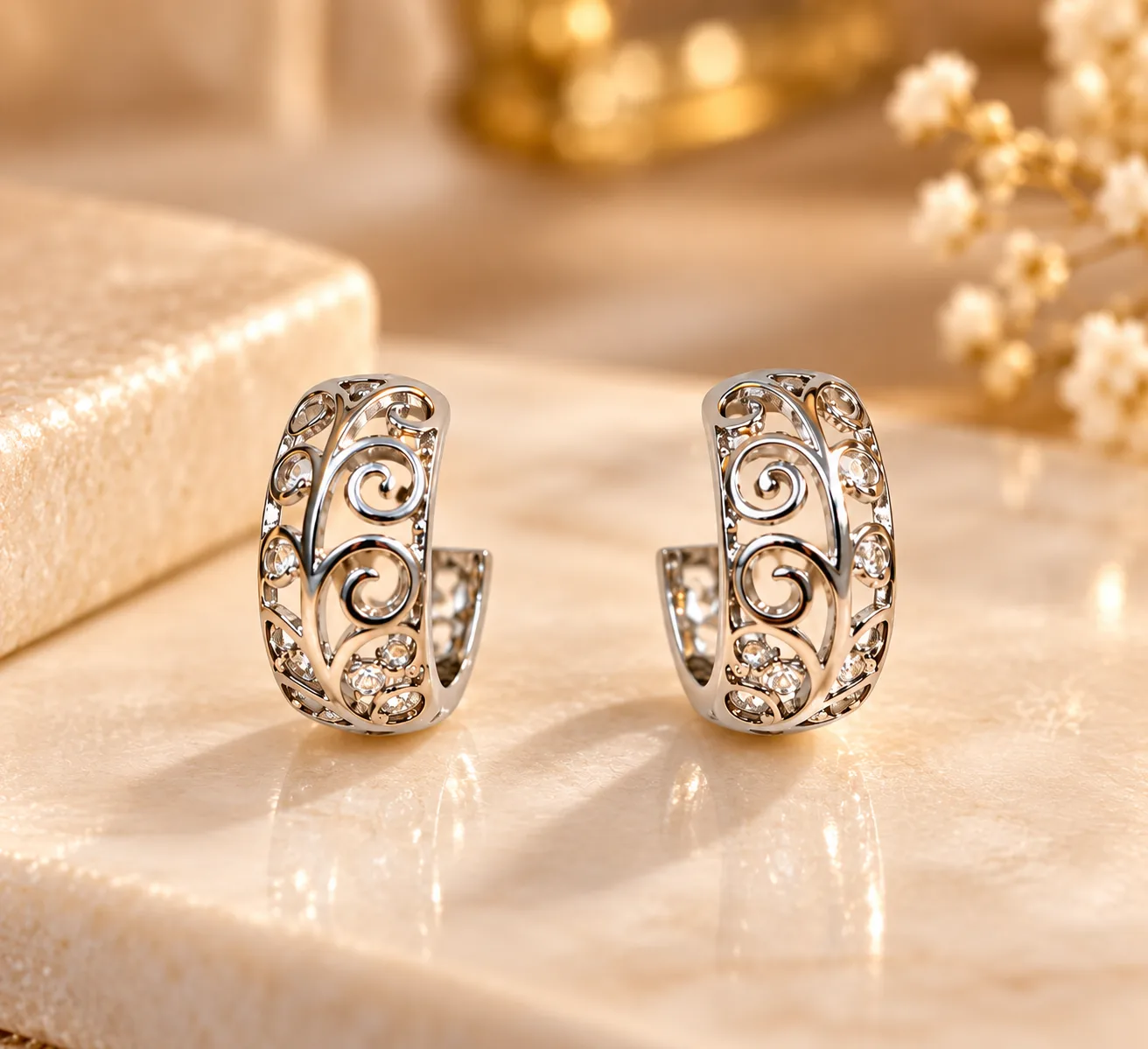 Elegant Silver Plated Scroll Earrings (2) Elegant Silver Plated Scroll Earrings with intricate openwork design and curved detailing