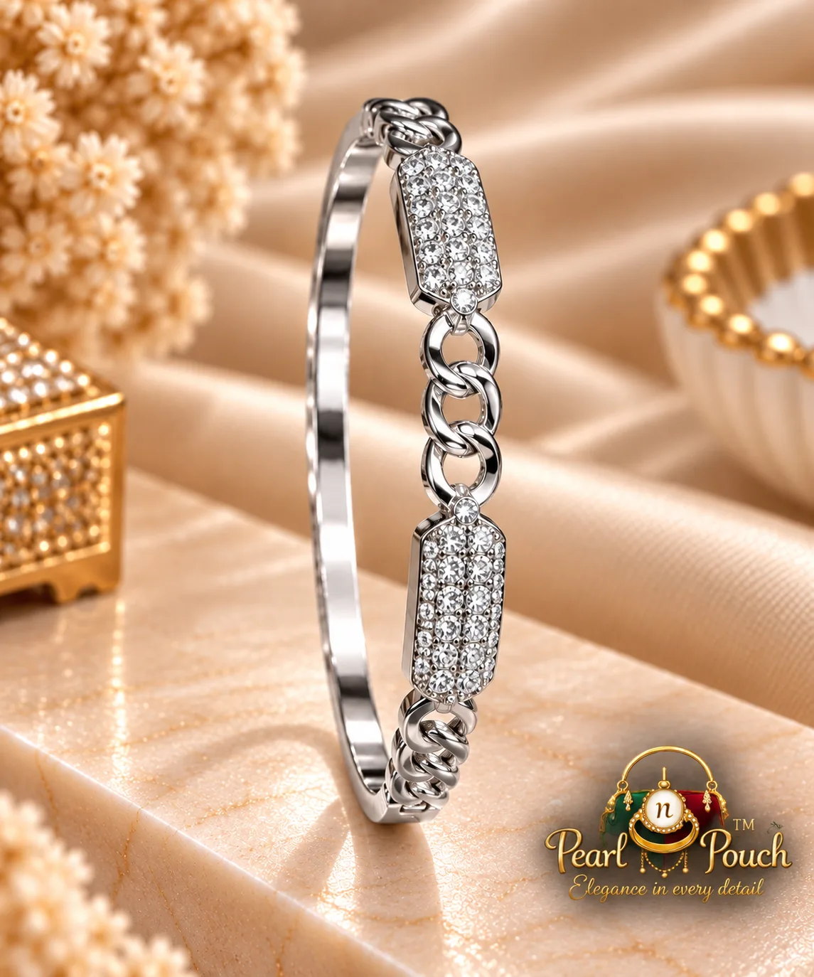Elegant Silver-Plated Zirconia Bracelet by ZUPING (1) ZUPING Silver-Plated Zirconia Bracelet standing upright showing linked geometric detailing