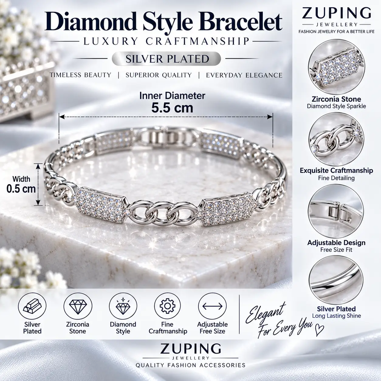 Elegant Silver-Plated Zirconia Bracelet by ZUPING (6)