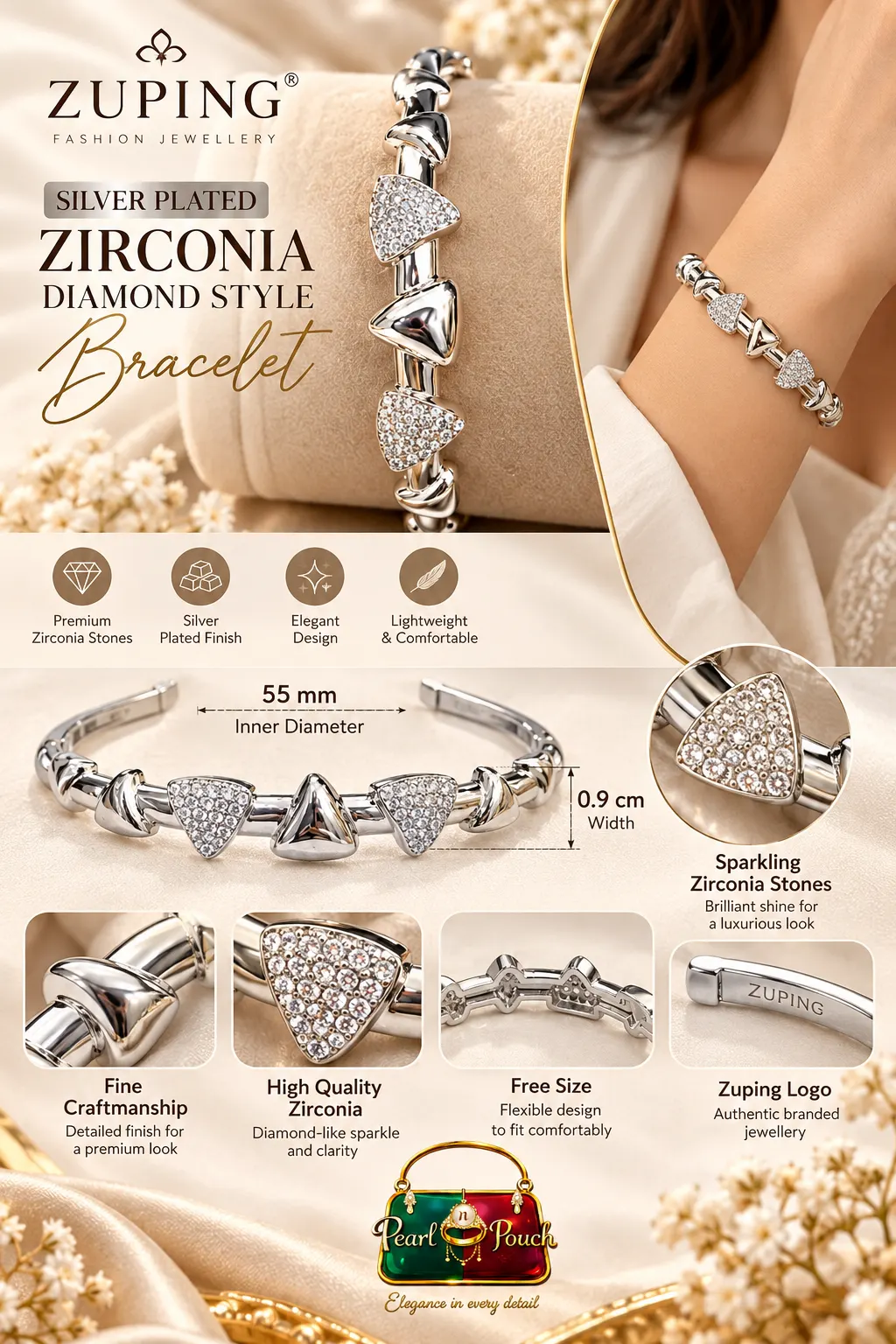 Elegant Silver-Plated Zirconia Bracelet by Zuping – 55 mm Free Size (1)