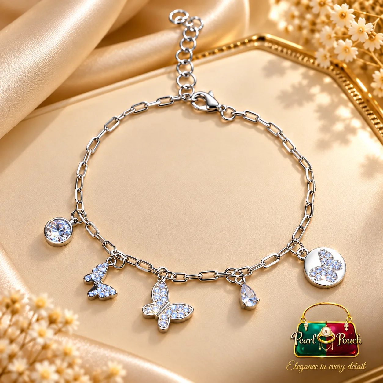 Elegant Silver-Plated Zirconia Butterfly Charm Bracelet (1) Elegant Silver-Plated Zirconia Bracelet by Pearl n Pouch with butterfly charms and adjustable chain