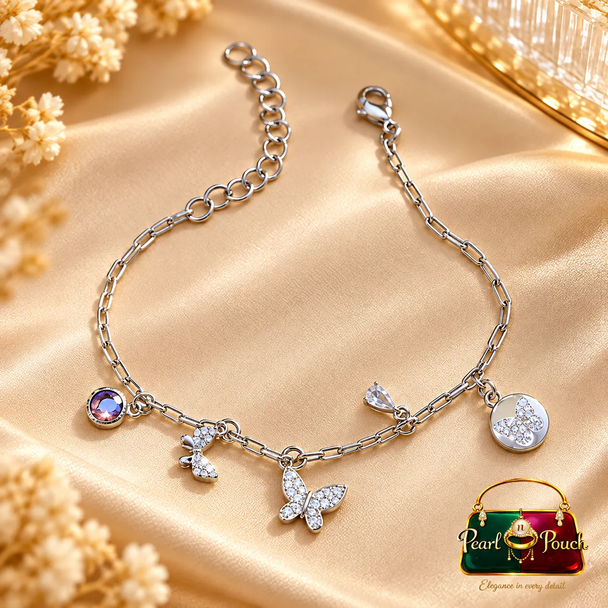 Elegant Silver-Plated Zirconia Butterfly Charm Bracelet (2)