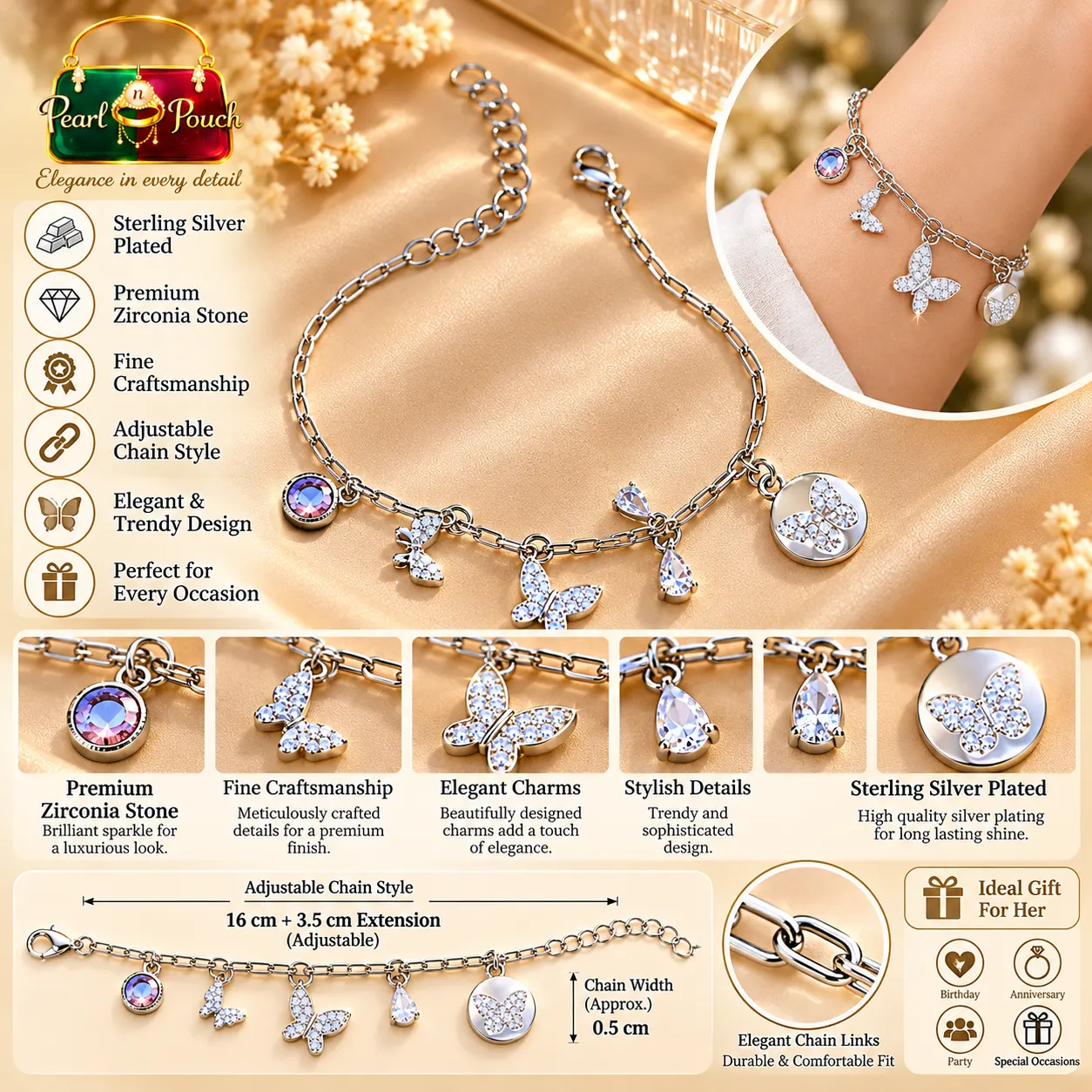 Elegant Silver-Plated Zirconia Butterfly Charm Bracelet (5)