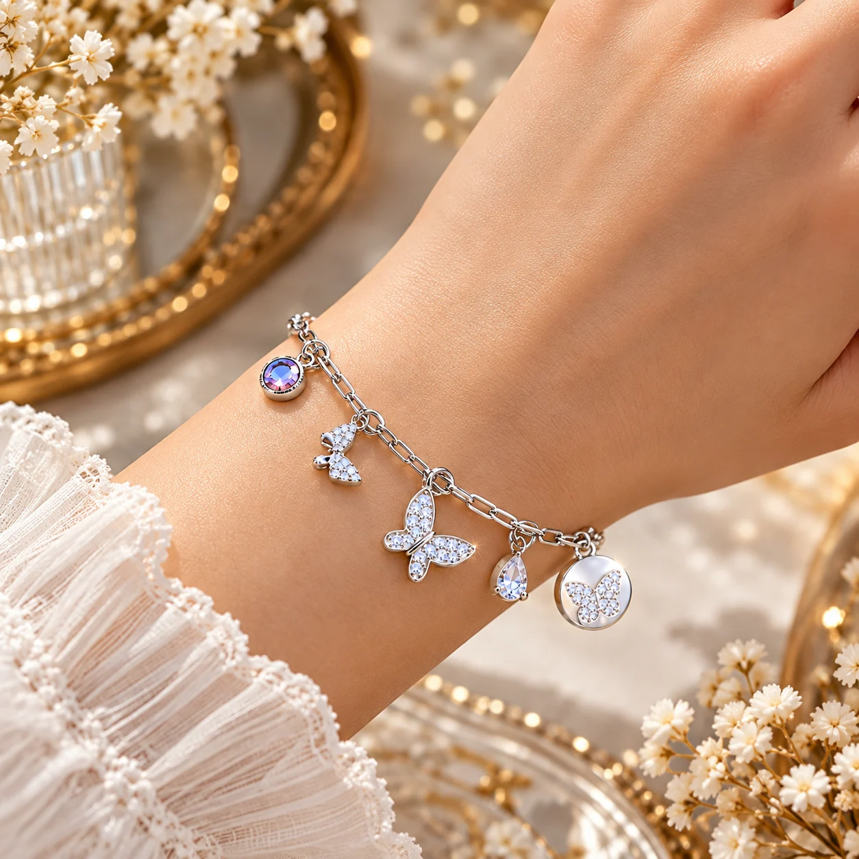 Elegant Silver-Plated Zirconia Butterfly Charm Bracelet (6)