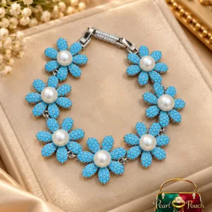 Elegant XUPING Silver Plated Floral Bracelet with blue flowers, pearl centres and silver-plated detailing