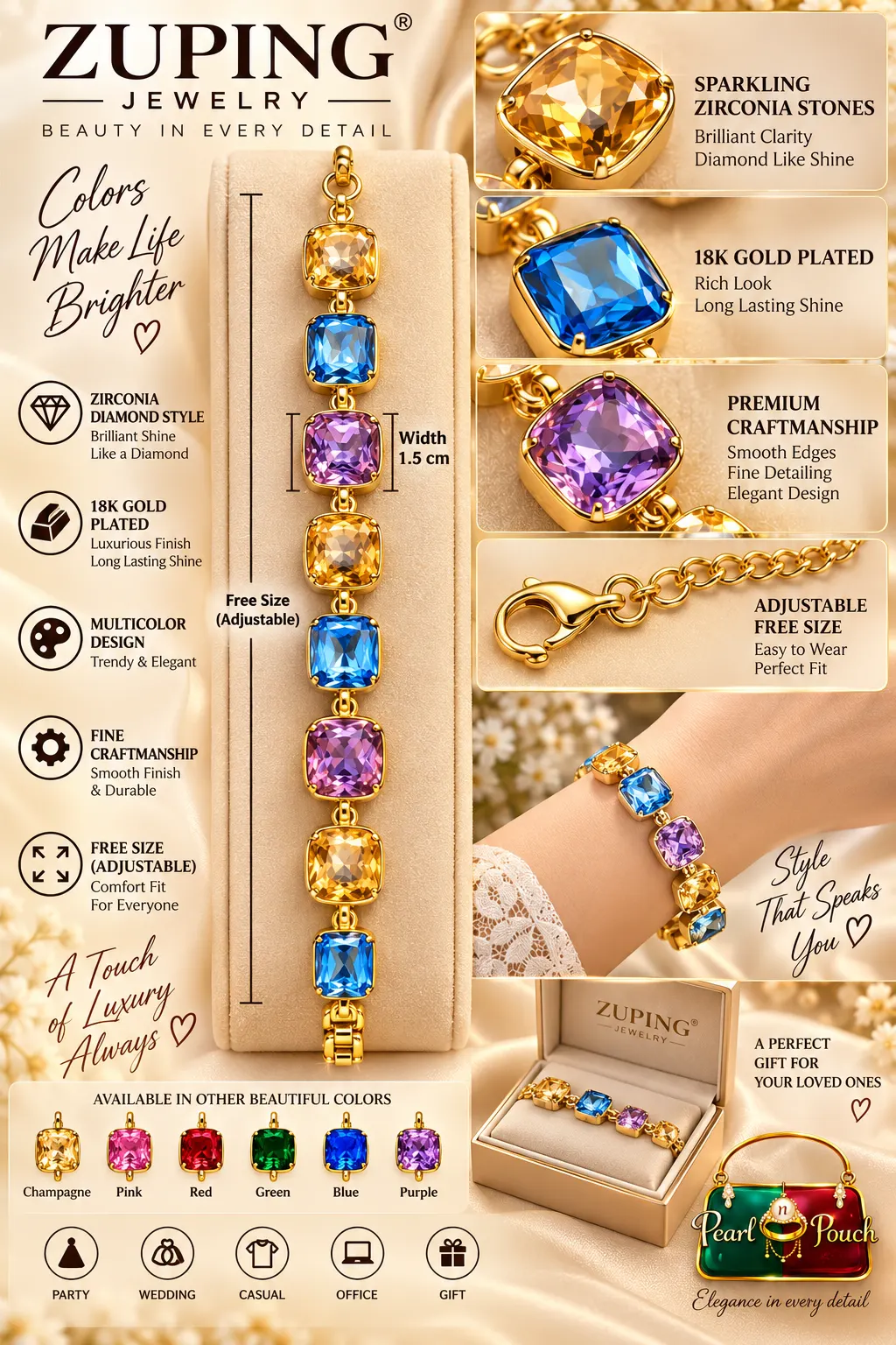 Elegant ZUPING 18K Gold Plated Multicolor Zirconia Bracelet (4)