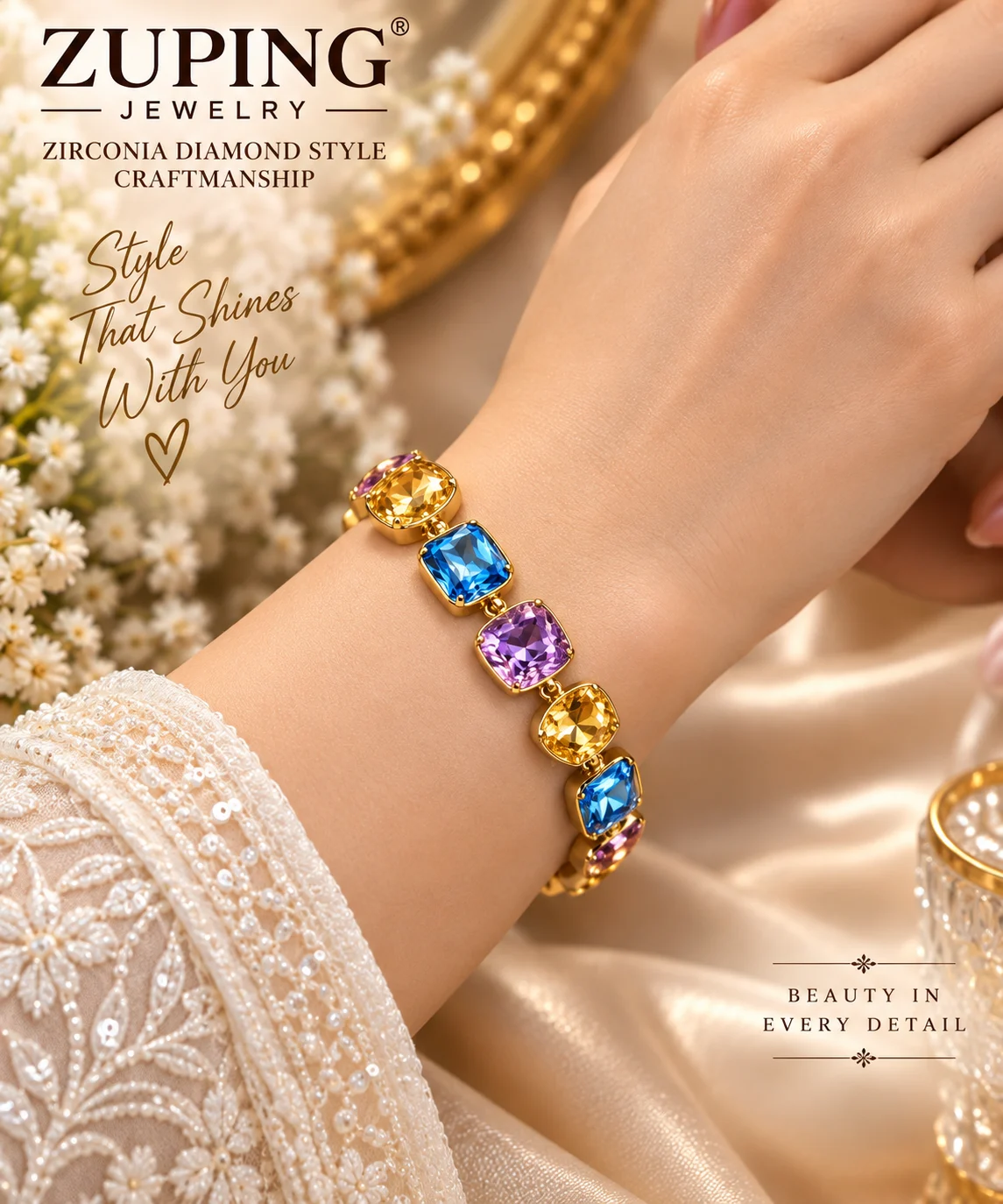 Elegant ZUPING 18K Gold Plated Multicolor Zirconia Bracelet (5)