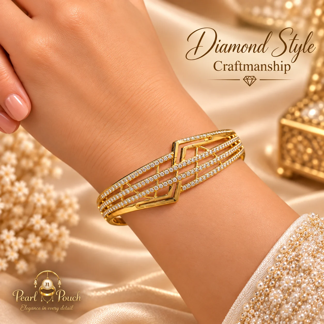 Elegant ZUPING 18K Gold Plated Zirconia Bracelet (1) ZUPING 18K Gold Plated Zirconia bracelet displayed upright with geometric centre detailing