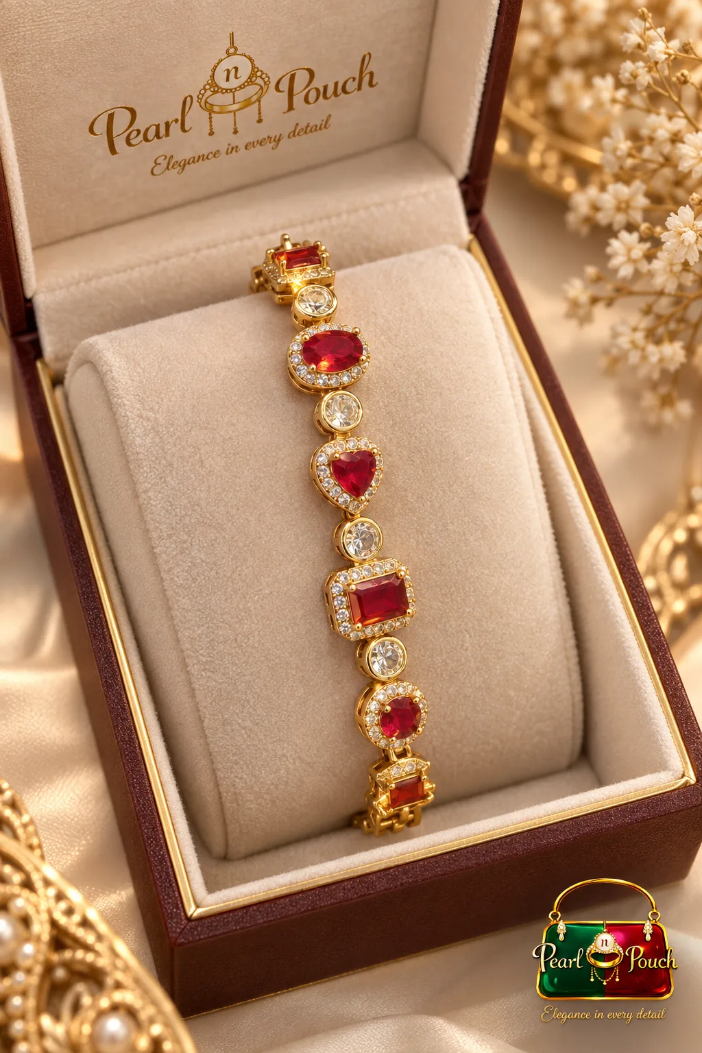 Elegant ZUPING 18K Gold Plated Zirconia Bracelet (4) Elegant 18K Gold Plated Zirconia Bracelet by ZUPING with red stones and zirconia accents