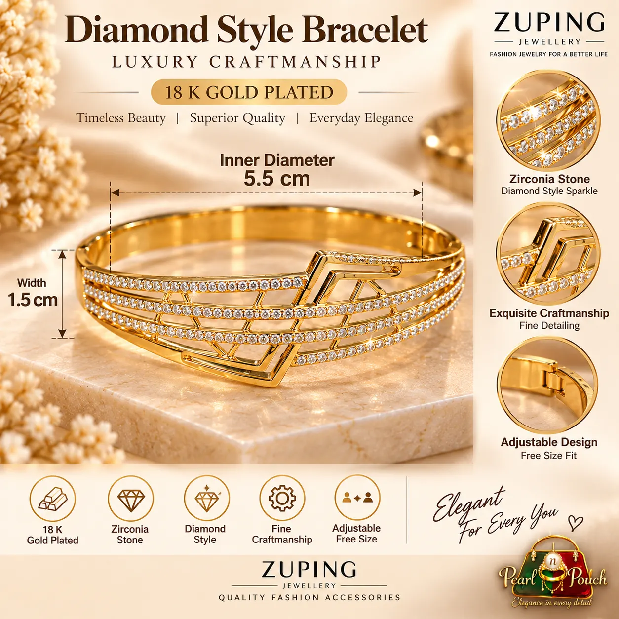 Elegant ZUPING 18K Gold Plated Zirconia Bracelet (4)