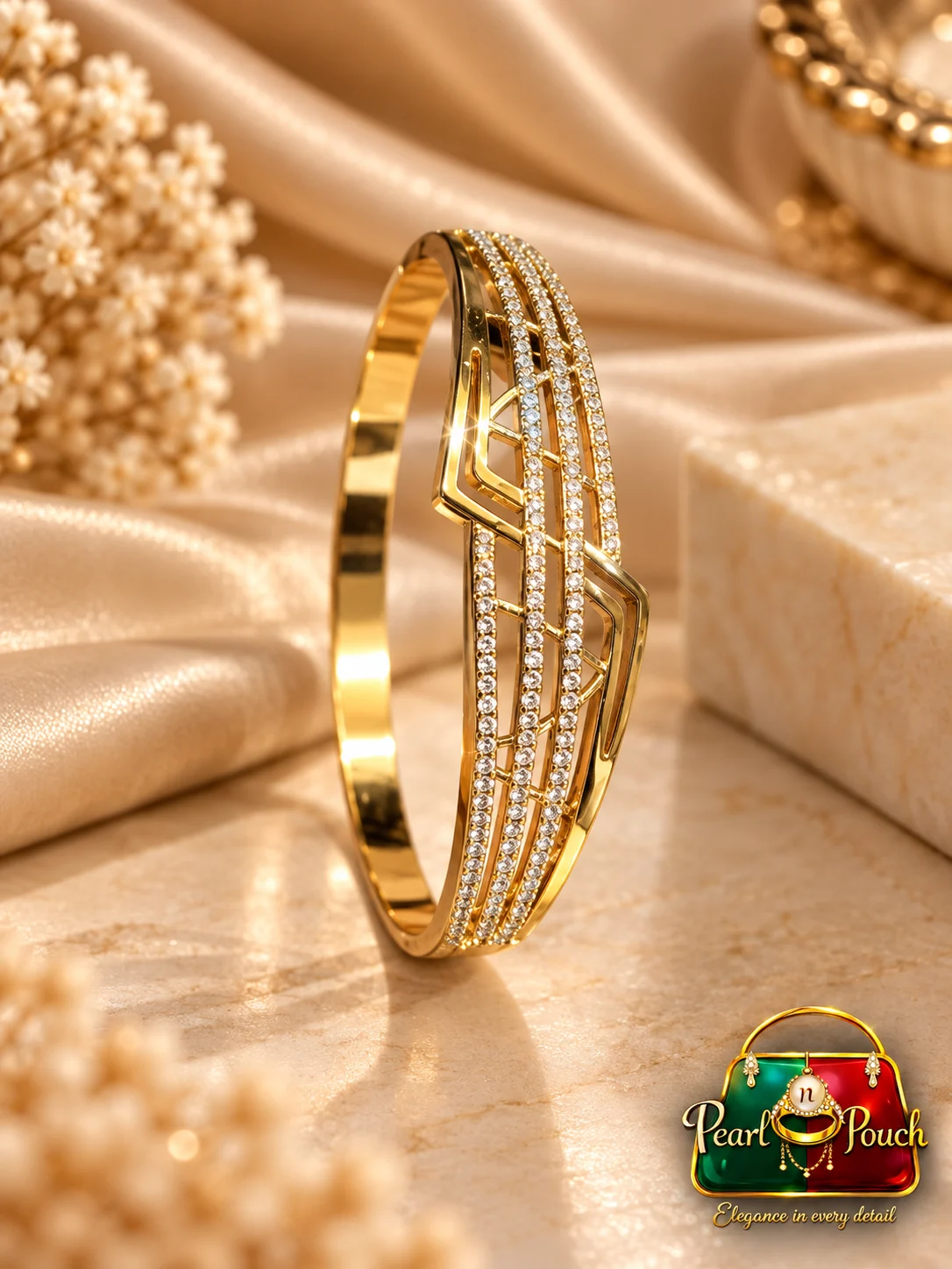 Elegant ZUPING 18K Gold Plated Zirconia Bracelet (5) ZUPING 18K Gold Plated Zirconia bracelet displayed upright with geometric centre detailing