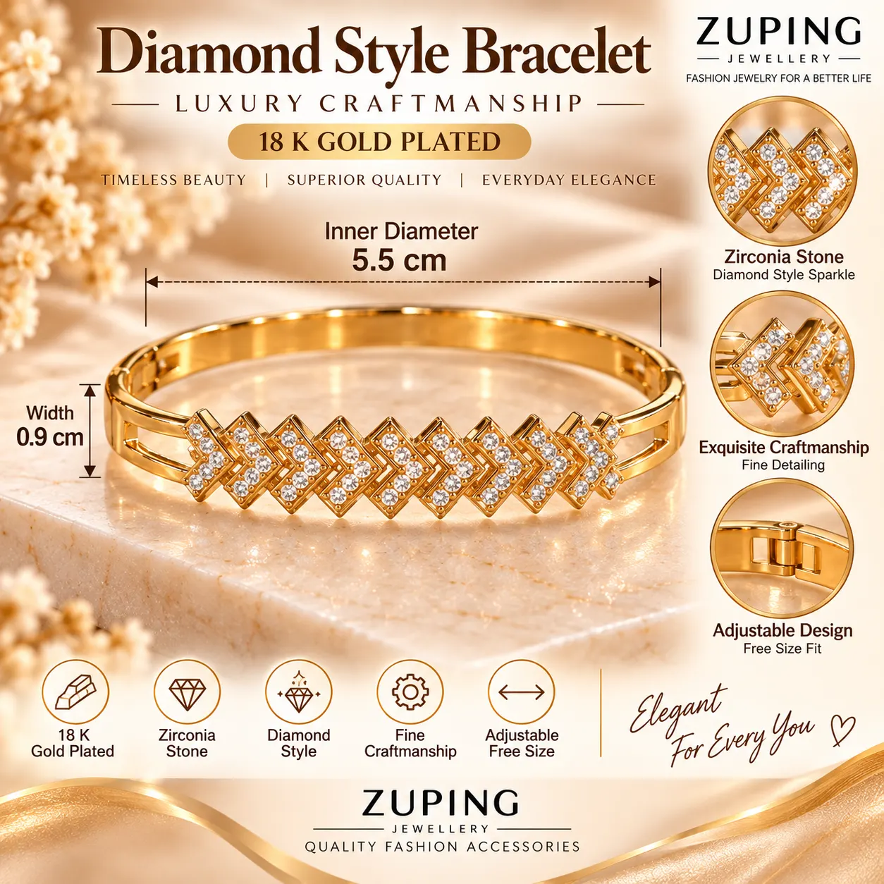 Elegant ZUPING 18K Gold Plated Zirconia Bracelet (7)