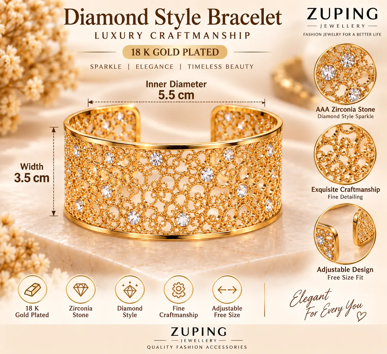 Elegant ZUPING 18K Gold Plated Zirconia Cuff Bracelet (3)