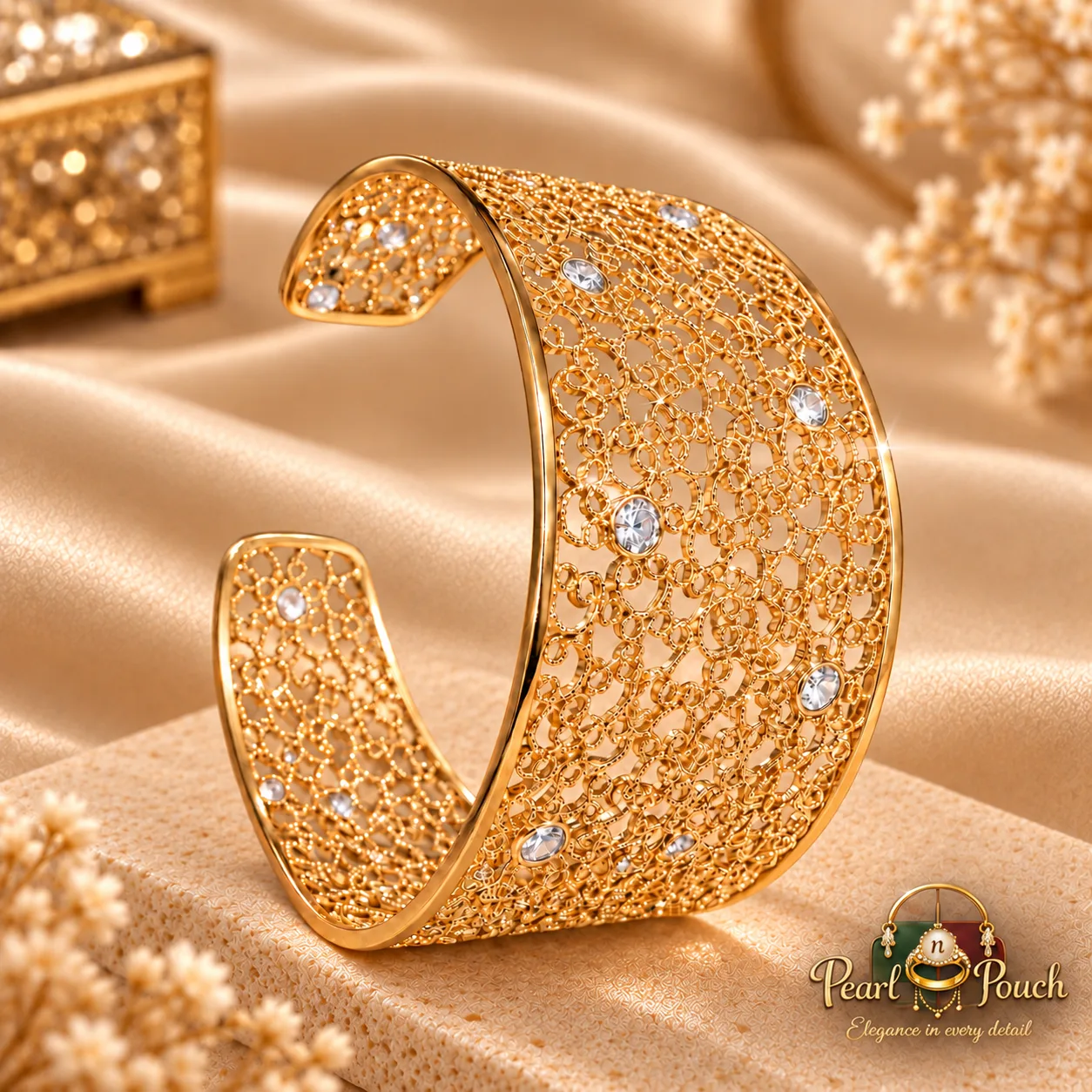Elegant ZUPING 18K Gold Plated Zirconia Cuff Bracelet (5) ZUPING 18K Gold Plated Zirconia cuff bracelet worn on a model's wrist